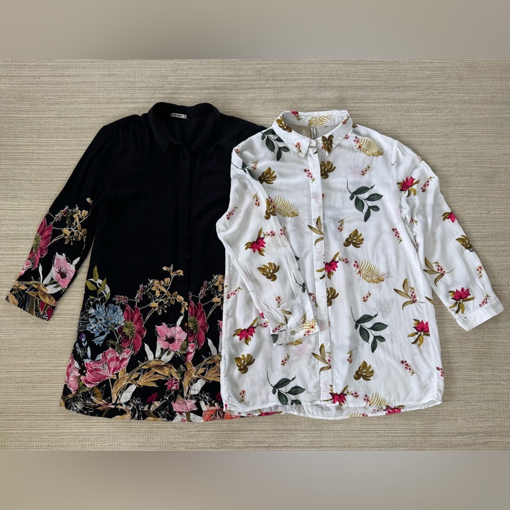 Stradivarius set of 2 black white floral 3/4 sleeves button up shirt women’s S